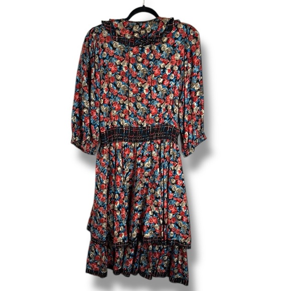 Vintage Diane Freś 80s Silk Floral Midi Dress Size Large Red and Blue - Picture 5 of 5